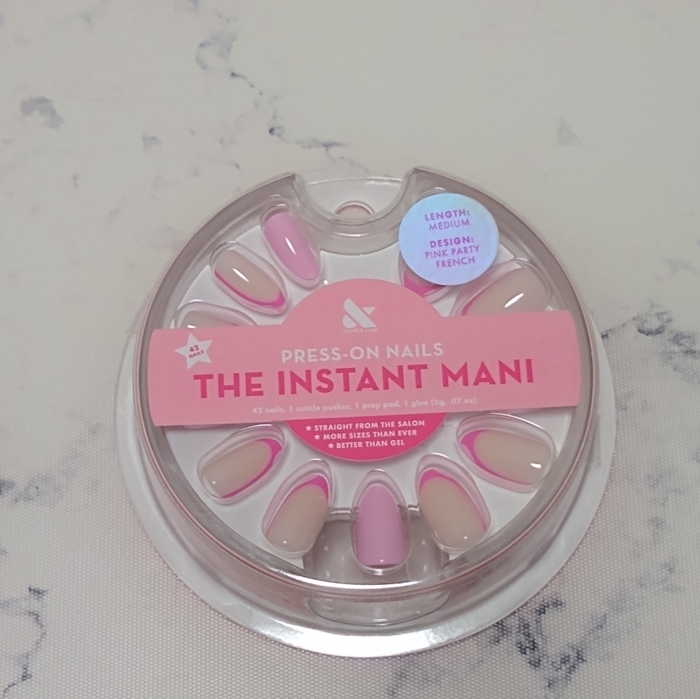 Olive and June Pink Party French Glue Press Ons Medium Almond